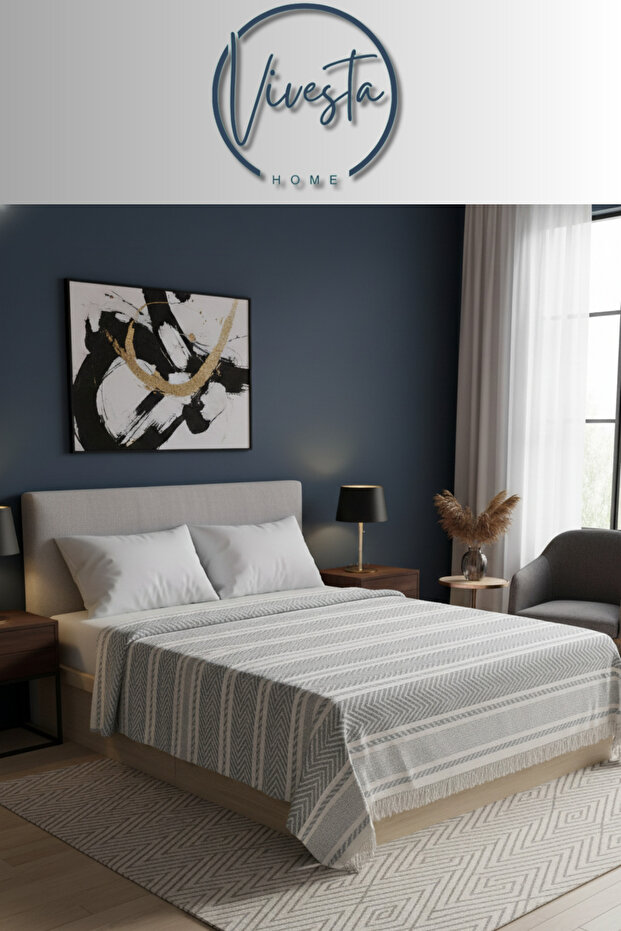 %100 Pamuk Saçaklı Tek Kişilik Yatak Örtüsü 160x220 – Şık ve Modern Tasarım - 1