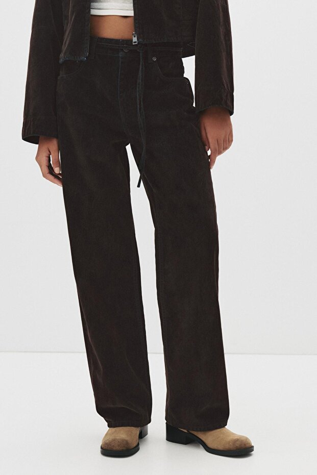 Kemerli orta bel bol paça jean - 6