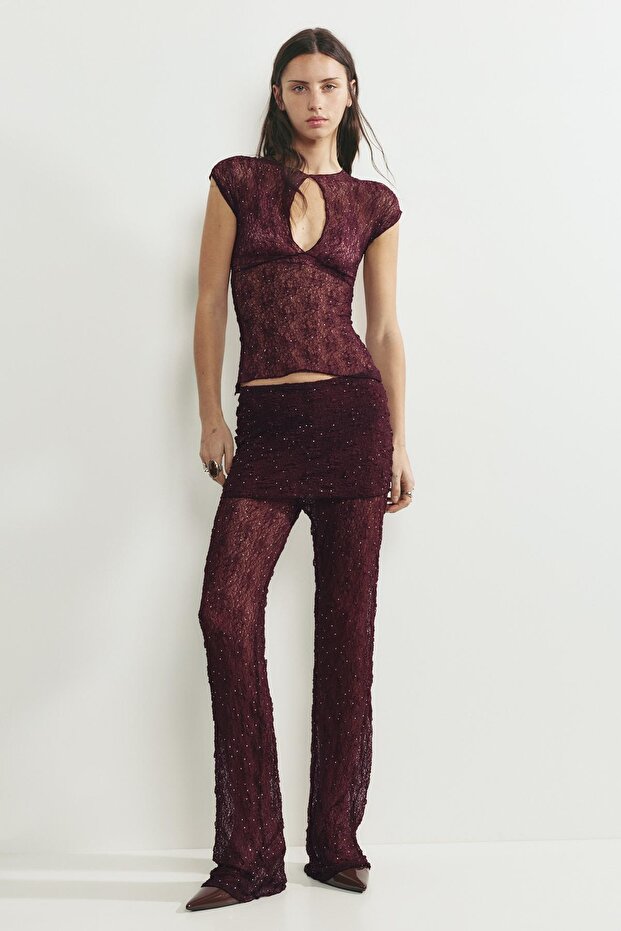 Dantel taşlı bel detaylı pantolon - 1