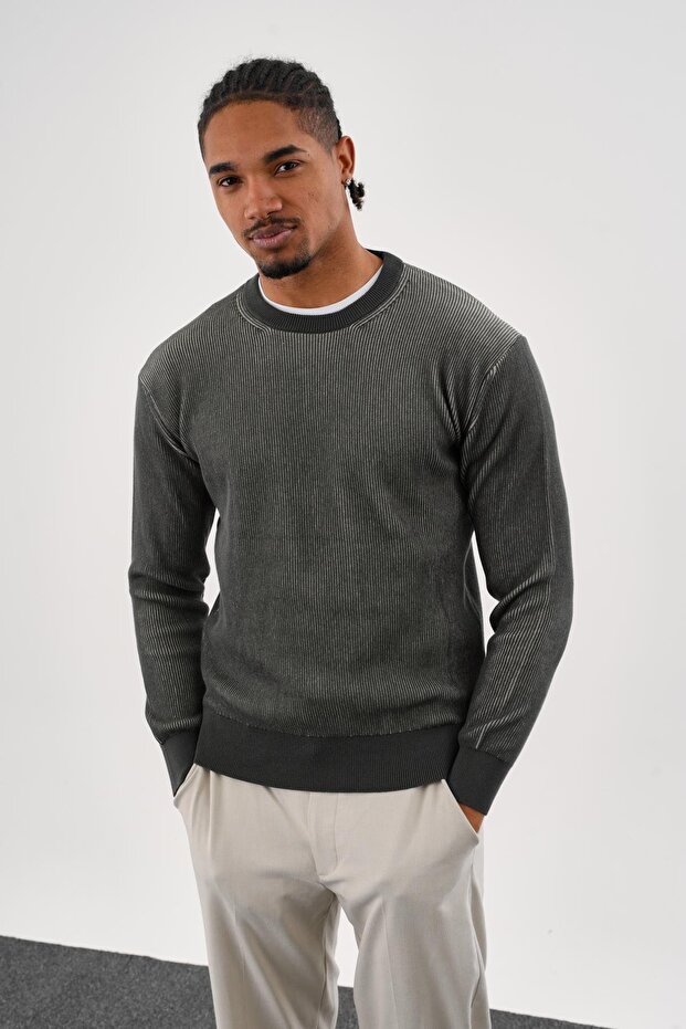 Men's Regular Fit Vanize Knitted Cotton Crew Neck Khaki Knitwear Sweater