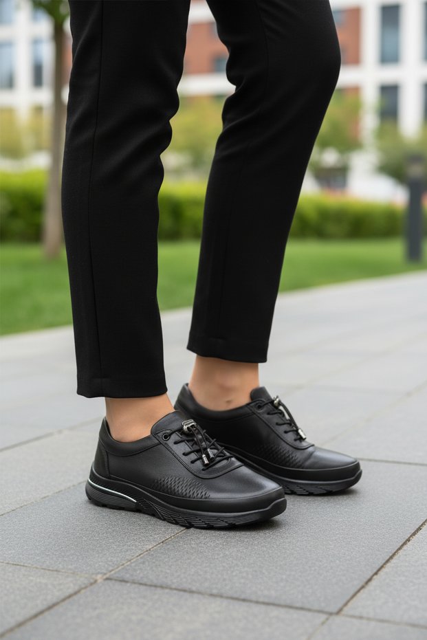 Black Genuine Leather Anatomical Comfortable Flexible Lightweight Women's Casual Shoes Plv020 Z