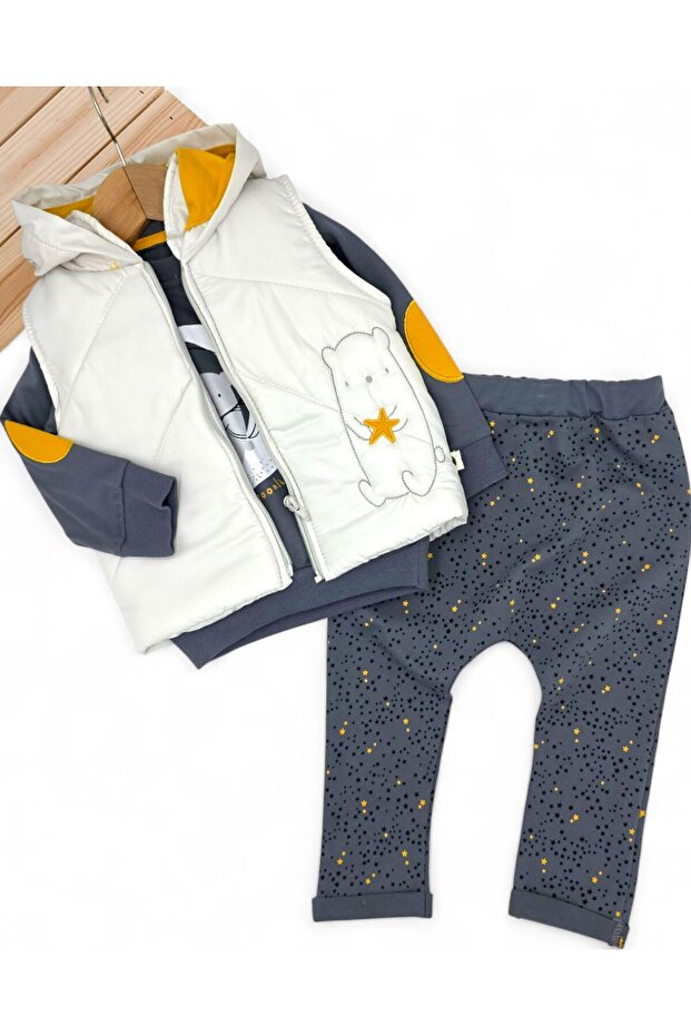 Baby Boy Transitional Inflatable Vest Set Crescent Embroidered, 3 Piece 6-9-12-18 Months Top and Bottom Set