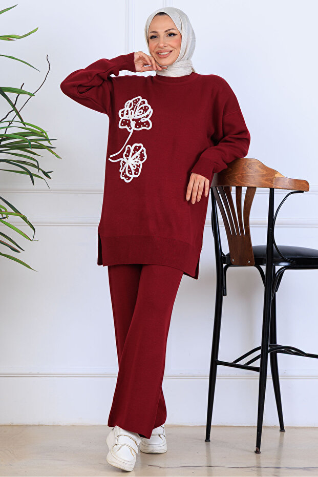 Embroidery Detailed Knitwear Set S1120 Burgundy