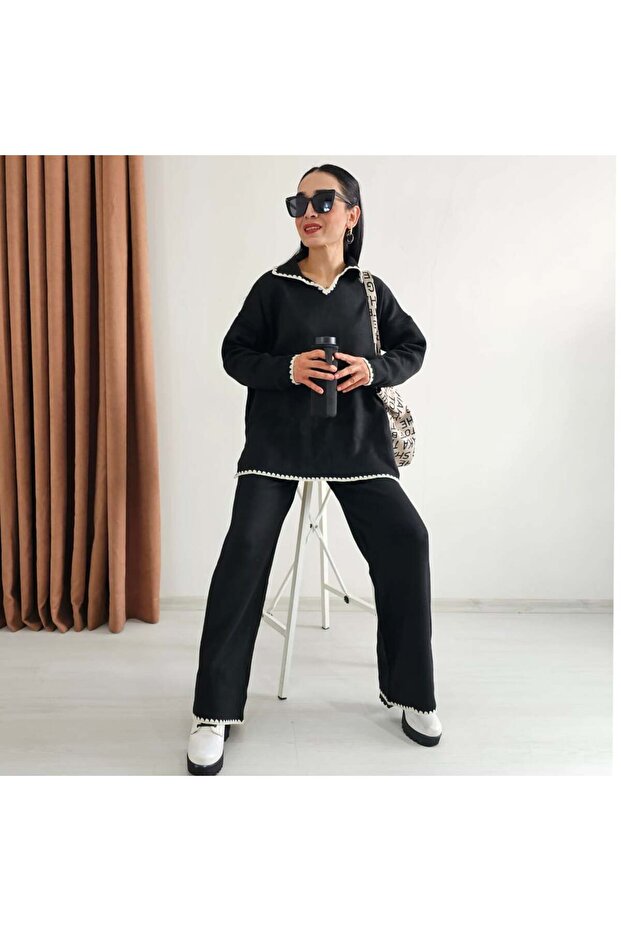 Collared Embroidered Knitwear Double Suit