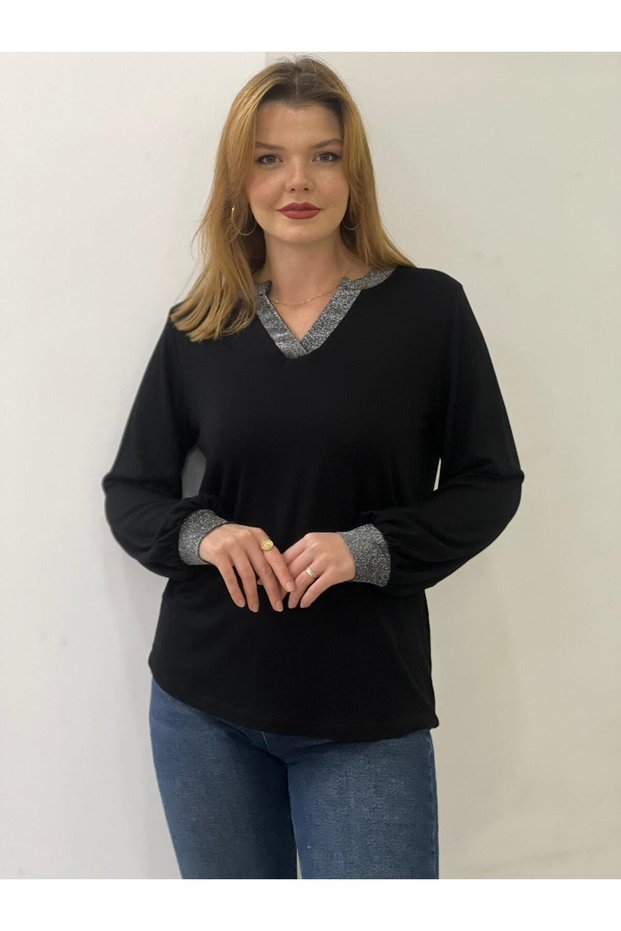 Women's Black V-Neck Viscose Blouse with Glitter Detail on Neck and Sleeves