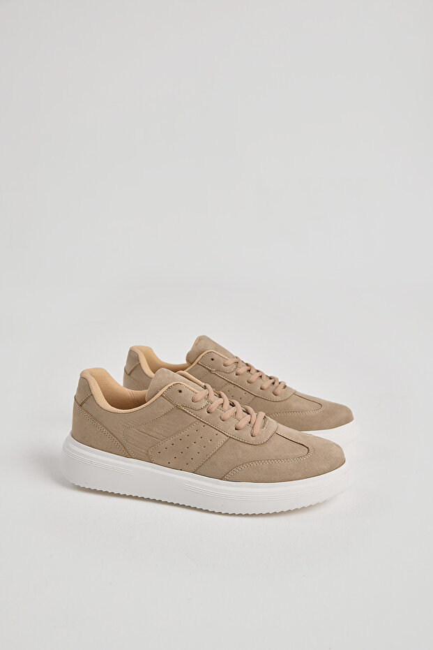 Erkek Bej Kalın Faylon Hafif Taban Bağcıklı Spor Ayakkabı - 1