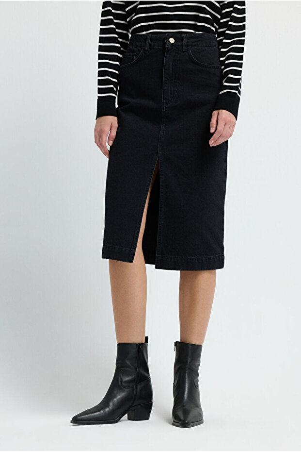 Önü Yırtmaçlı Denim Etek - 2