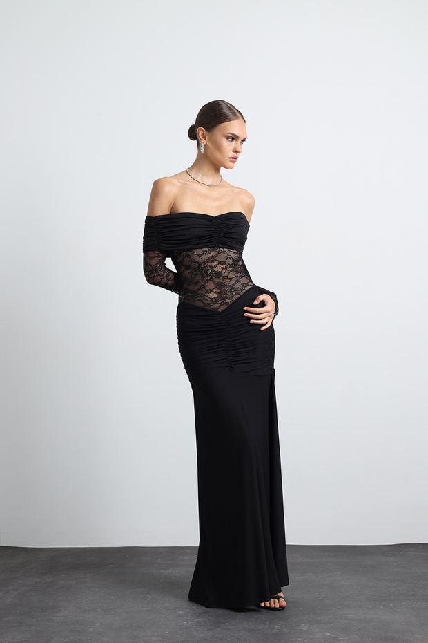 Marne Dantelli Maxi Siyah Elbise - 1