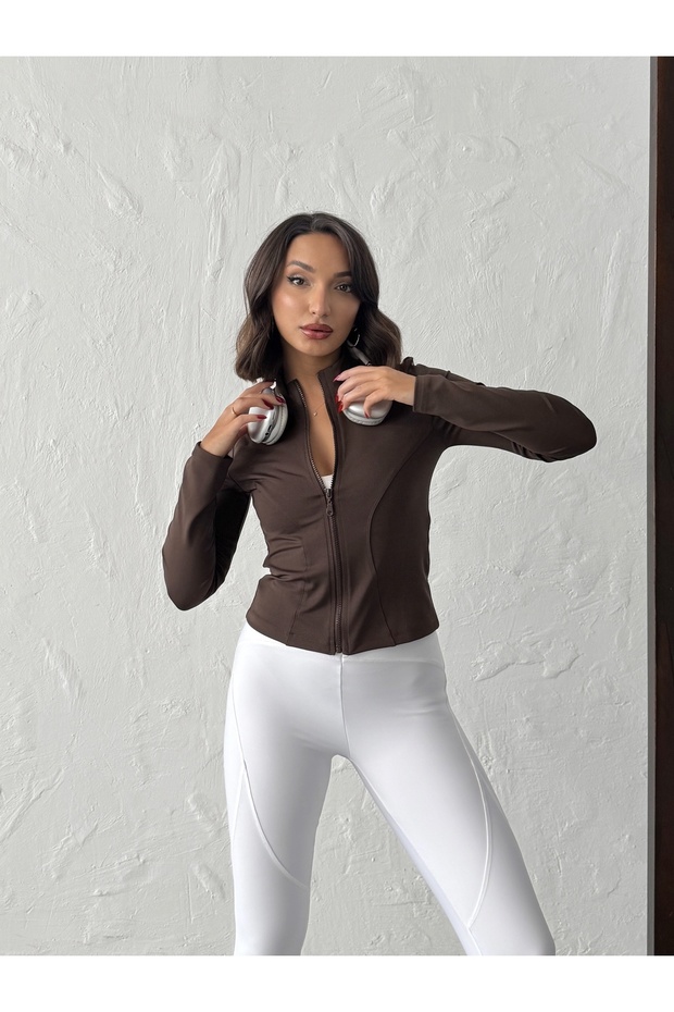Brown Fitted Zippered Stand Collar Knitted Sports Jacket Mıssce0592K