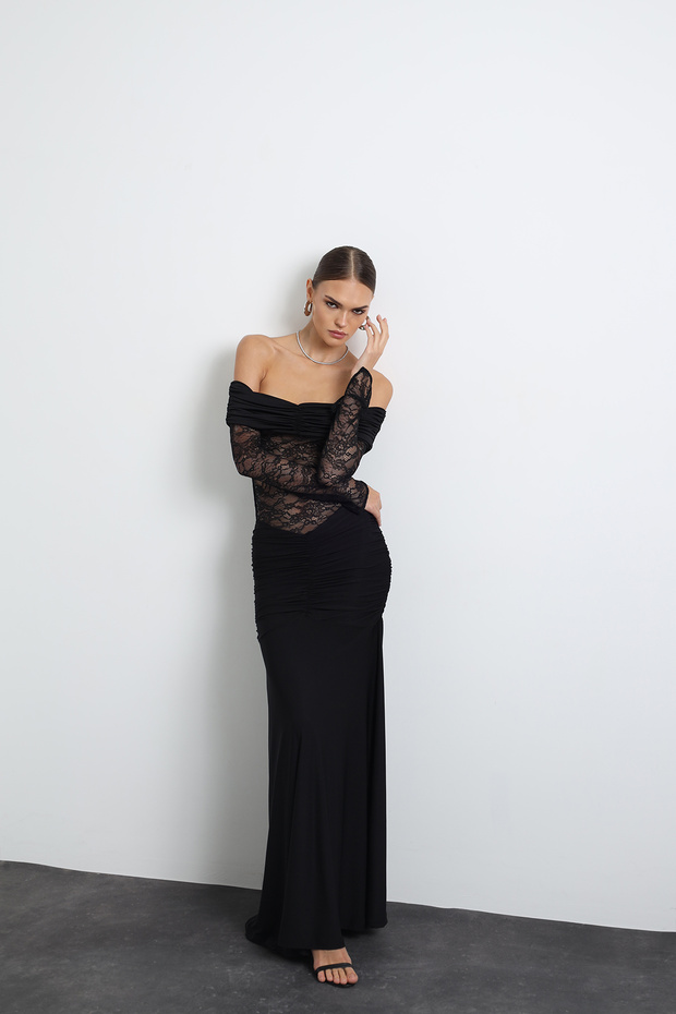 Marne Dantelli Maxi Siyah Elbise - 4