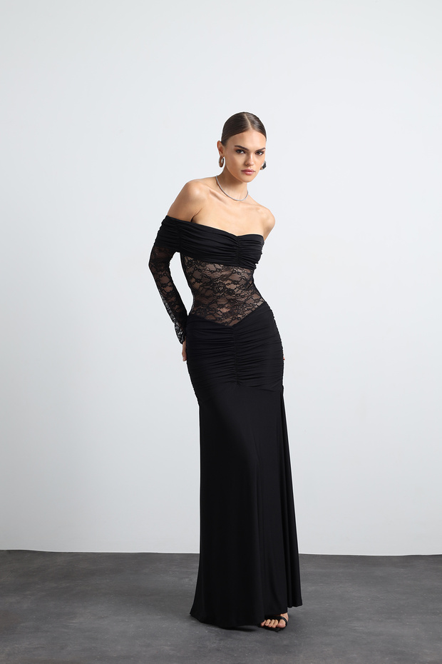 Marne Dantelli Maxi Siyah Elbise - 3