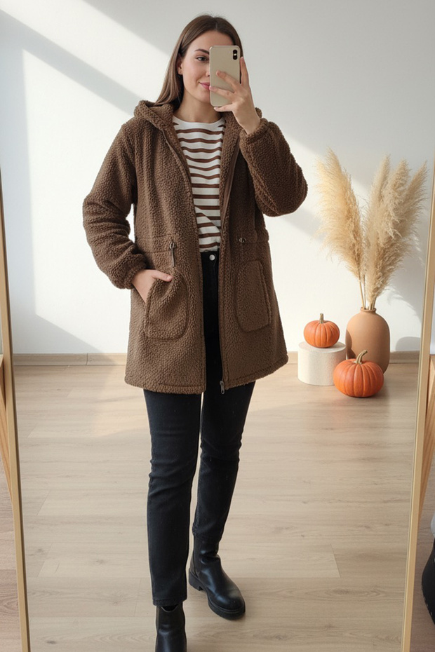 Kapşonlu Fermuarlı Basic Peluş - 1