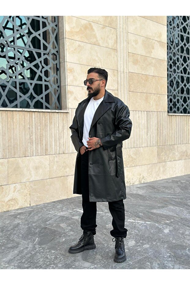 Oversize Astarlı Deri Trençkot - 1