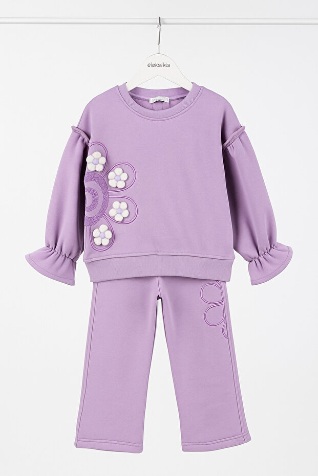 Girl's Lilac Floral Detailed Fleece-Lined Tracksuit Set 2004