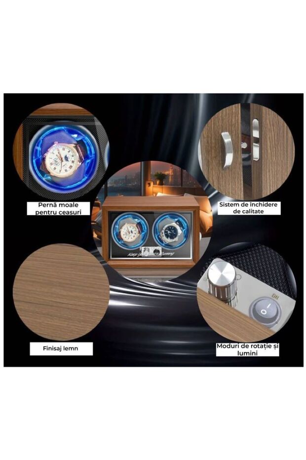 Automatic watch winder, 2 compartments, LED lights, 5 modes, 4 rotation programs, wood finish - 5