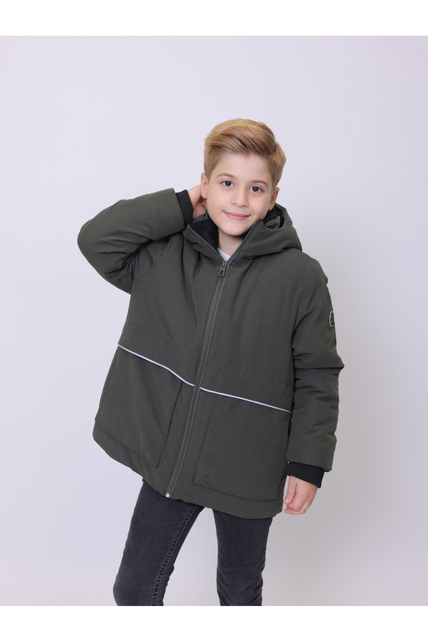 Children's Coat Hooded Water Repellent and Reflective Detailed Boys' Coat with Plush Inside