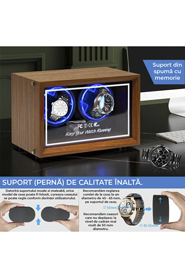 Automatic watch winder, 2 compartments, LED lights, 5 modes, 4 rotation programs, wood finish - 6