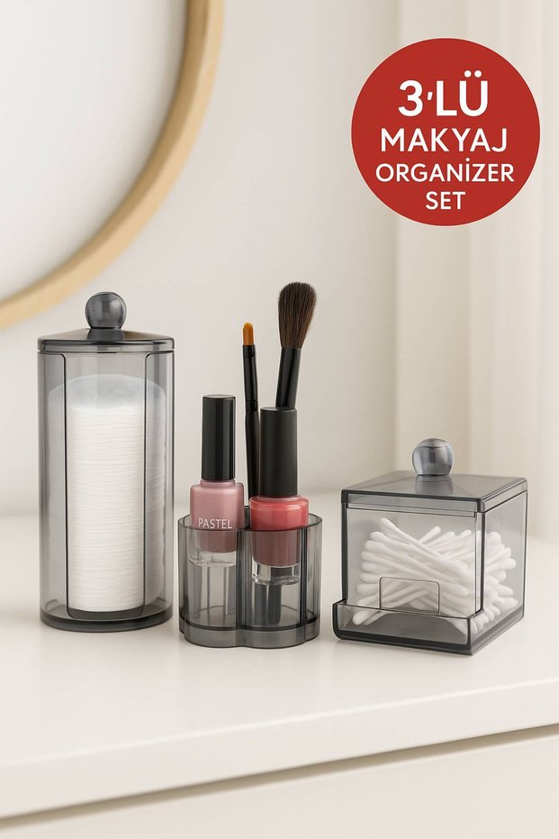 3-Piece Transparent Acrylic Organizer Set – Cotton, Lipstick, and Cotton Swab Organizing Box