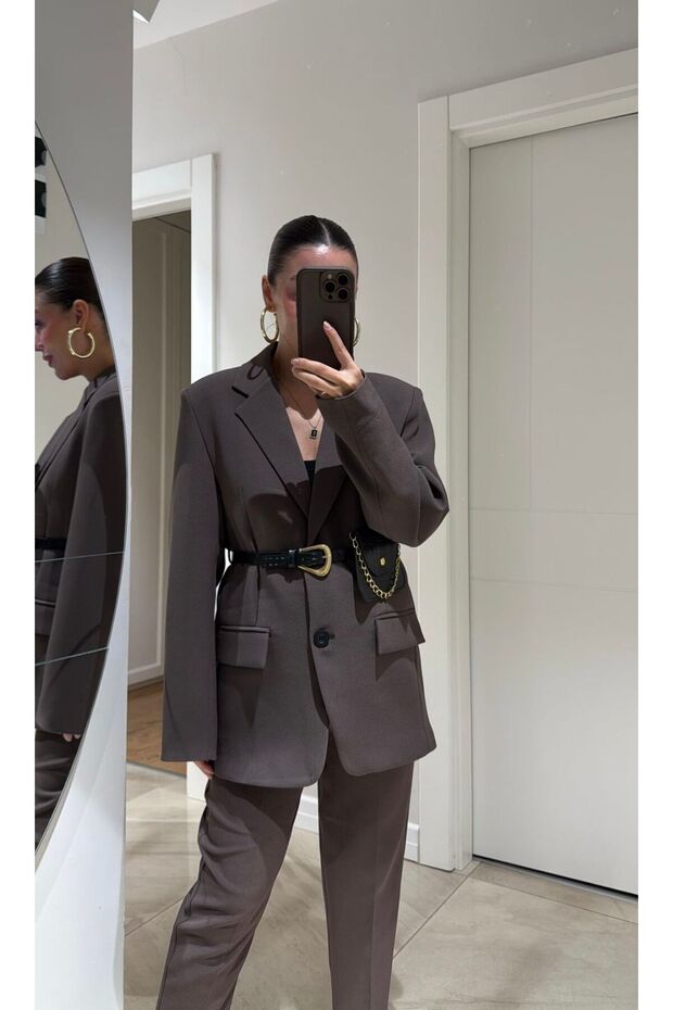 Belt Detail Design Premium Double Button Lined Equivalent Trend Pocket Detail Blazer Jacket