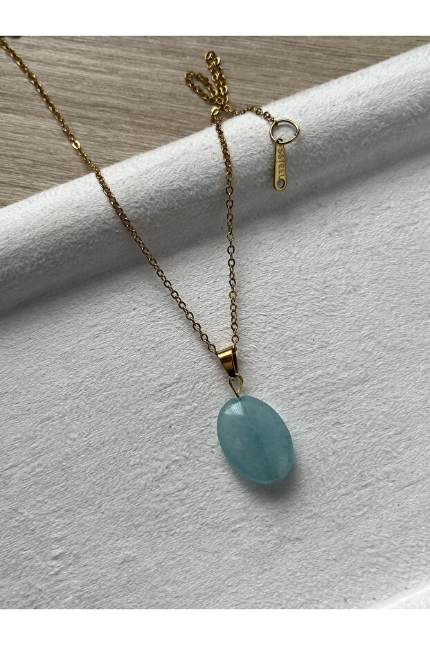 Oval Aquamarine Stone Steel 316L Yellow Necklace Handmade