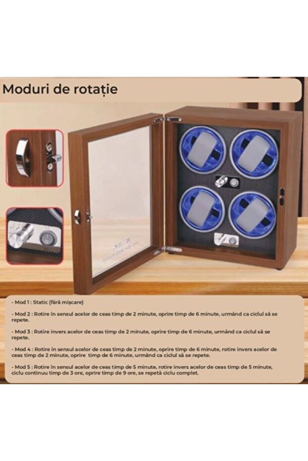 Automatic Watch Winder Box, 4 compartments, LED Lights, 5 modes, 4 rotation programs, Wood finish - 5