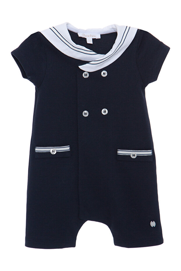 Newborn Navy Blue Jumpsuit with Collar and Button Detail