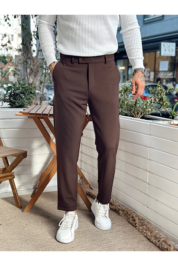 Belt Detailed Italian Cut Fabric Trousers Brown