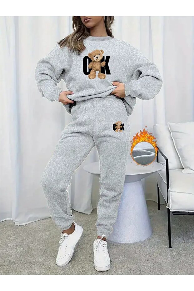 Unisex Men's and Women's Ok Bear Printed 3 Thread Crew Neck Sweatshirt Set
