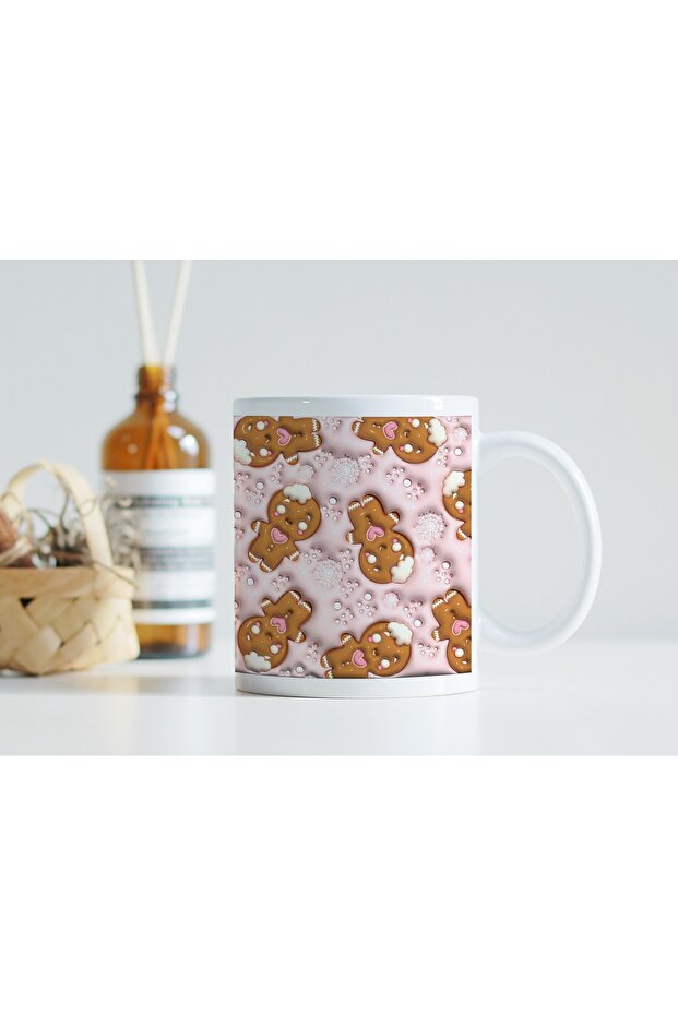 3D Effect Gingerbread Design Mug – Pink Snowflake Pattern – Non-Embossed - 5