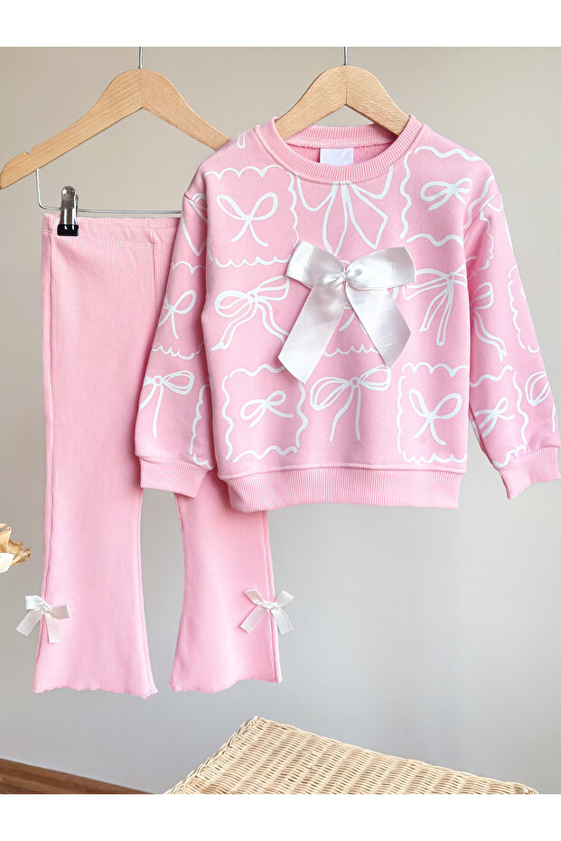 3D Bow Detail Sweatshirt and Spanish Cut Bow Detail Leggings Set