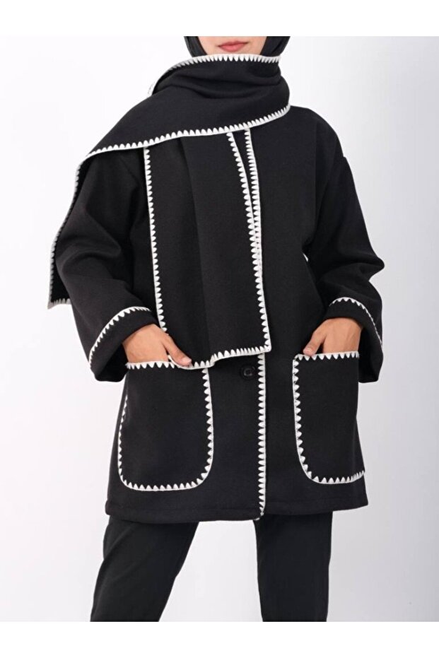 سترة مزينة بأزرار أمامية مع جيوب - أسود - 2