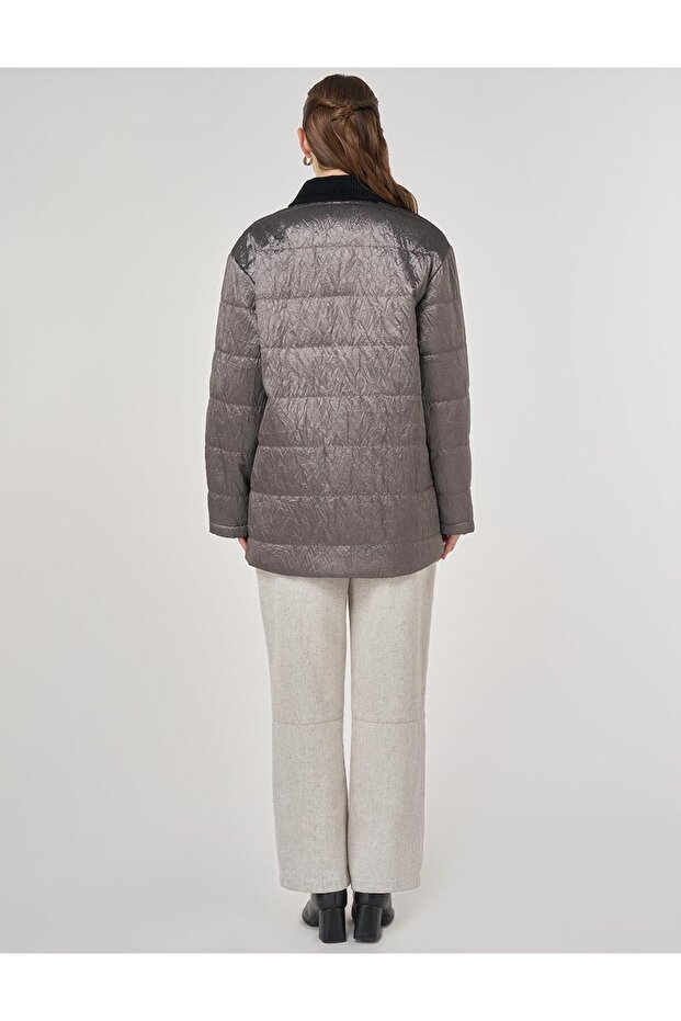 Kadife Yaka Detaylı Mont Gümüş - 5