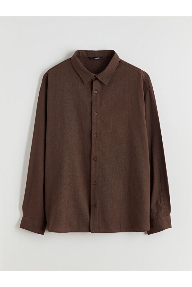 XSIDE Büyük Beden Regular Fit Uzun Kollu Keten Görünümlü Erkek Gömlek - 1