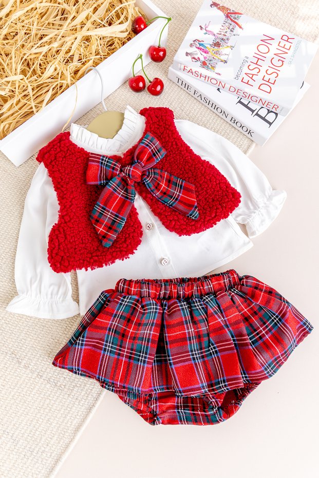 Vest Set Shirts, 3-Piece Stylish Special Day Baby Girl Suit Set Red