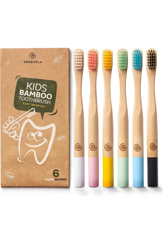 Kids Bamboo Toothbrushes (6 Pack) - BPA Free Soft Charcoal Bristles