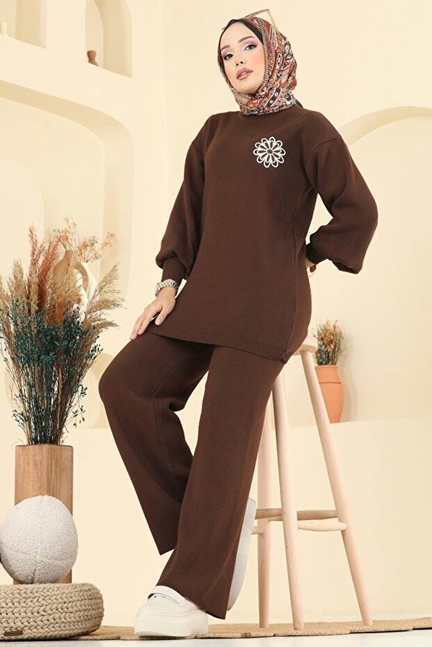 Çiçek Detaylı Triko Takım 2724AYD574-MS Kahve - 1