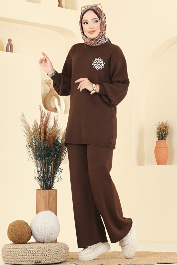 Çiçek Detaylı Triko Takım 2724AYD574-MS Kahve - 3