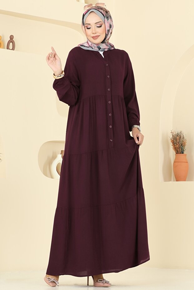 Önü Yarım Düğmeli Elbise 5010ERK1158-MS Mürdüm - 3