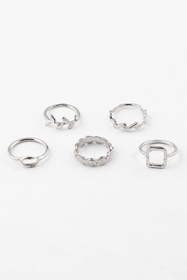 مجموعة خواتم مكونة من 5 قطع بأشكال مستطيلة وأوراق الشجر - 2