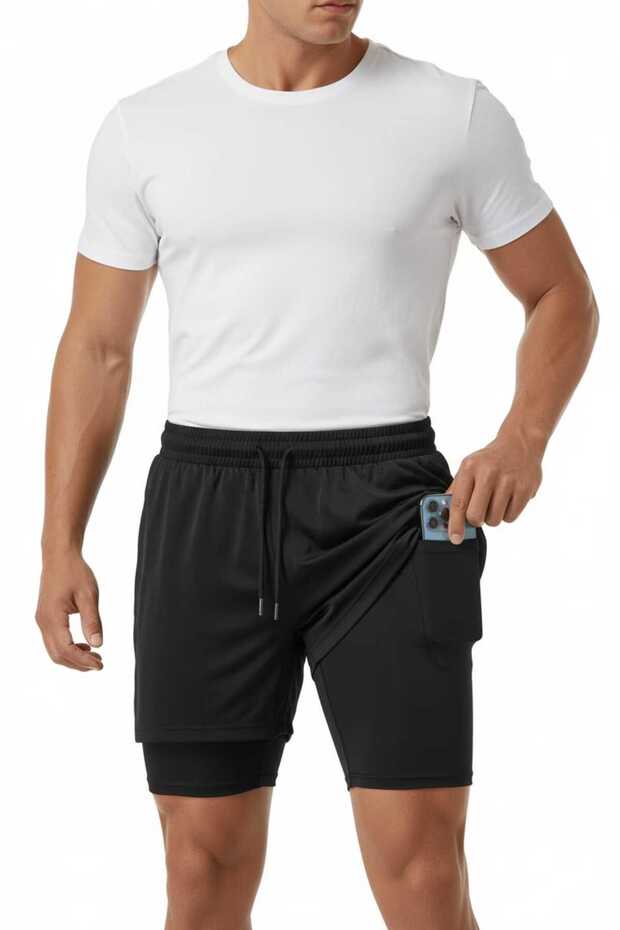 Sporcu Şortu, Alt Siyah Tayt Görünümlü Çok Cepli Taytlı Spor Şortu - 2