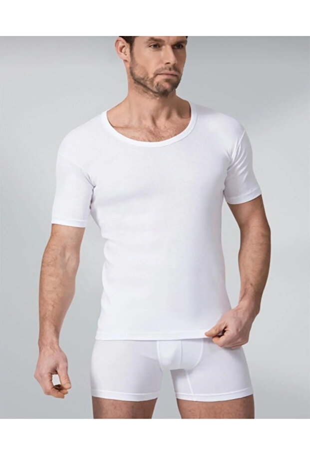 Men's Ribbed Cotton Short Sleeve Open Neck T-Shirt 5 Pieces