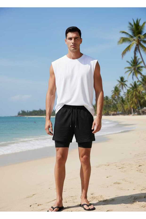 Sporcu Şortu, Alt Siyah Tayt Görünümlü Çok Cepli Taytlı Spor Şortu - 5