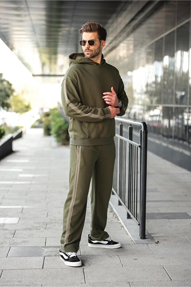 Haki Kanguru Cep Kapüşonlu Erkek Eşofman Takımı E7336 - 4