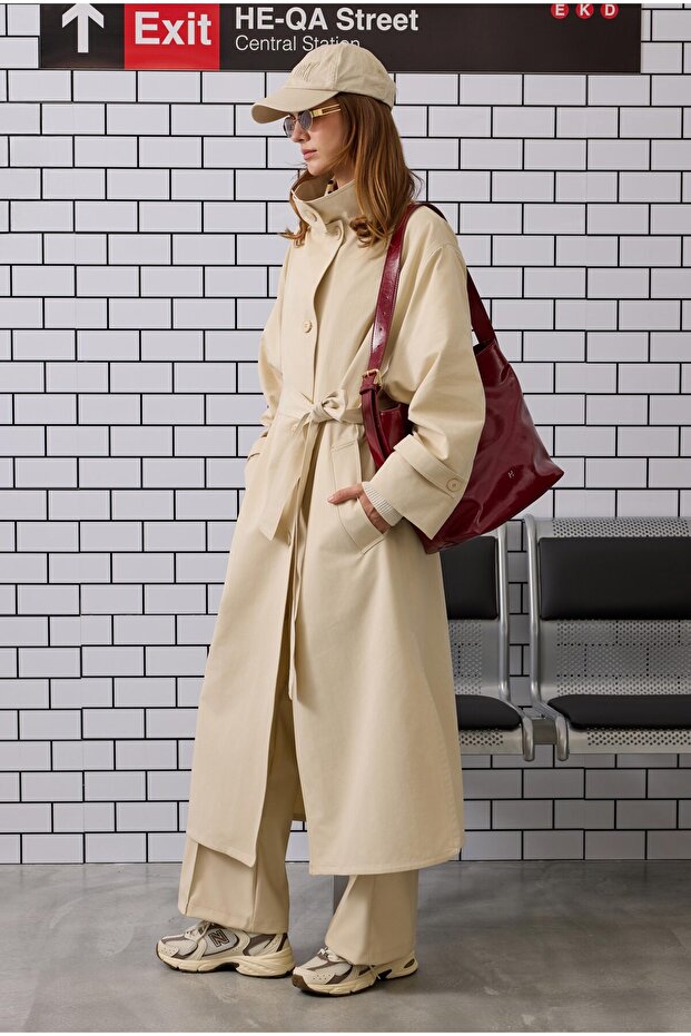 Funnel Uzun Trençkot Krem - 1