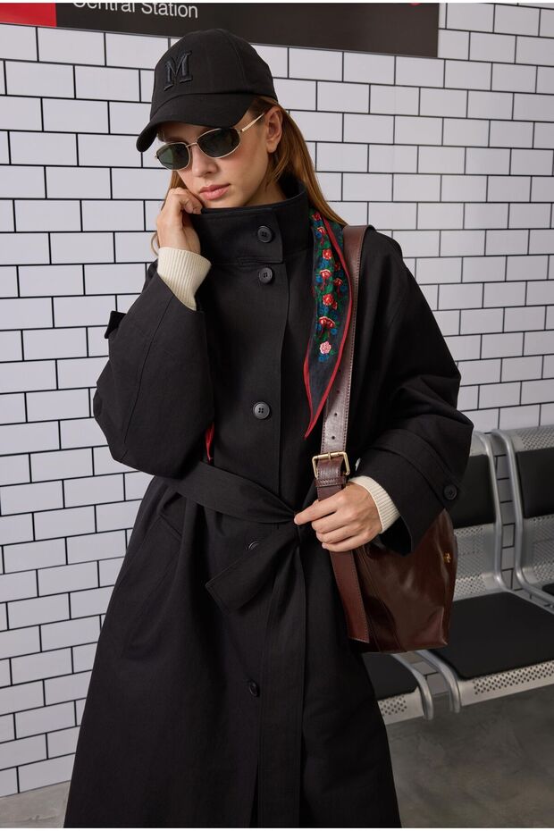 Funnel Neck Long Trench Coat Black