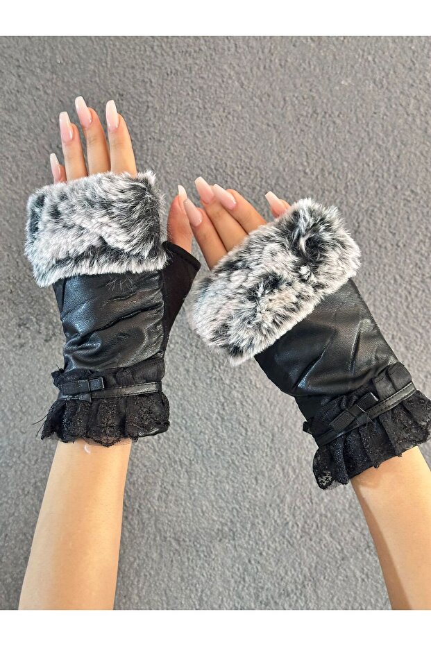 Furry Fingerless Lace Leather Women Gloves