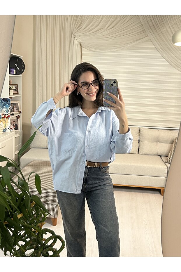 Kadın Basic Mavi Gömlek - 2