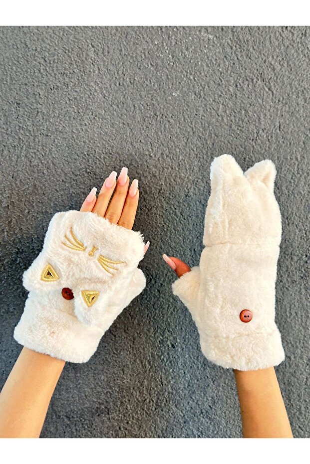 Plush Embroidered Cat Gloves with Open Fingers and Fur Inside