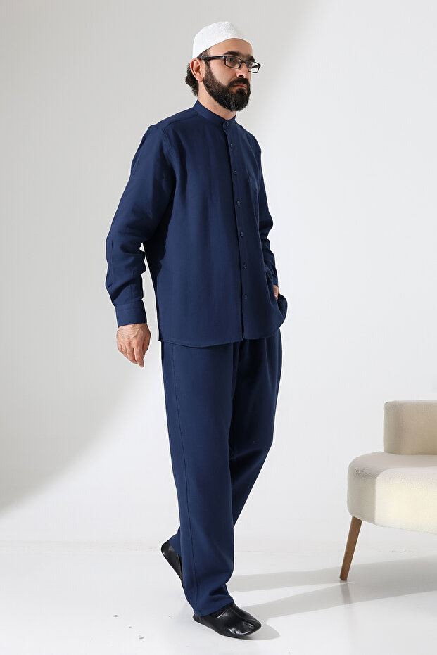 Men's Muslin Hakim Collar Shirt with Pockets and Pants Two-Piece Set, Hajj Umrah Outfit - Navy Blue (Ans)