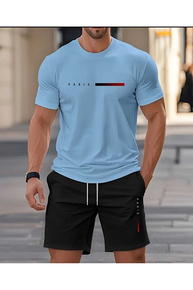 Men's'Paris' Letter Print Striped T-Shirt and Shorts Set